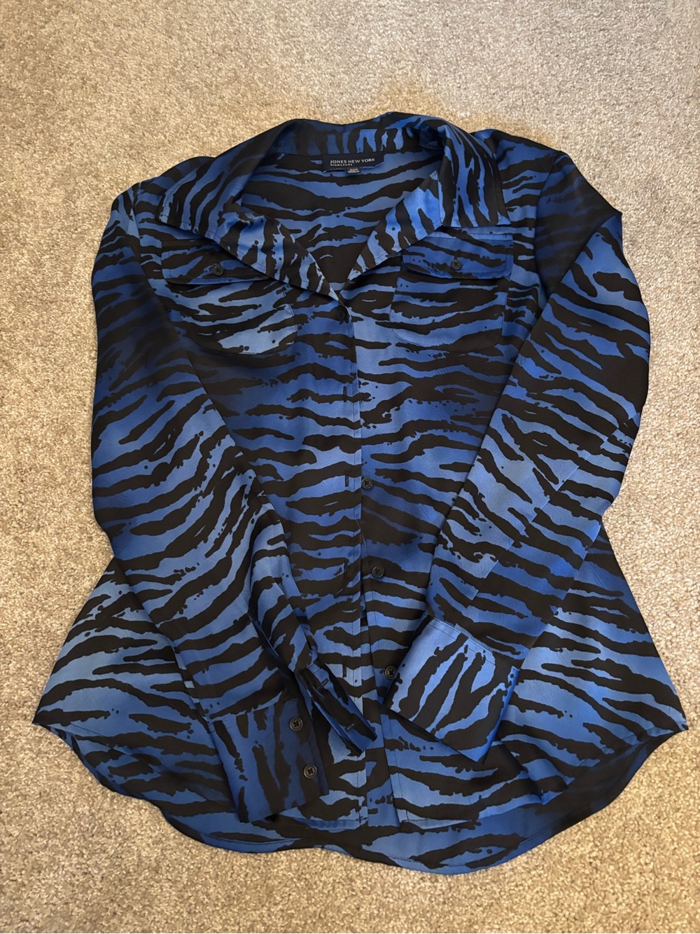 Jones New York Blue and Black Zebra-Print Button-Down Shirt